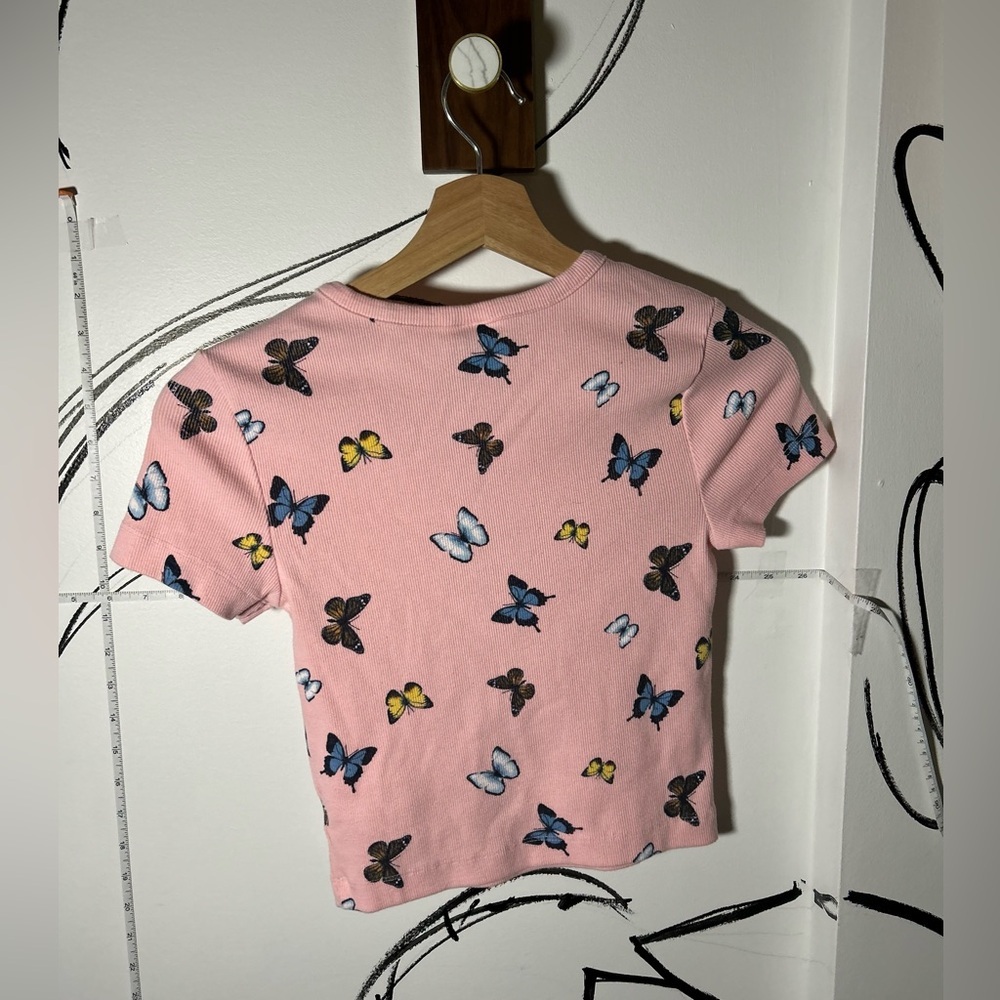 Wild Fable Baby Tee Pink w/Butterflies, Ribbed with Stretch, Short Sleeve XS - Picture 7 of 7